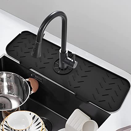 Burfocus Kitchen Faucet Sink Splash Guard, 19.7" x 5.5''Silicone Faucet Mat Fits Faucet Tube within 3.2 inch Sink Draining Pad Behind Faucet,Sink Protectors Kitchen Sink Counter Soap Holder (Black)