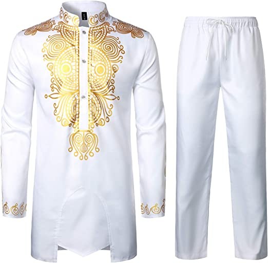 Lucmatton African men's two-item long-sleeved suit with dahiji gold print and trouser suit traditional suit