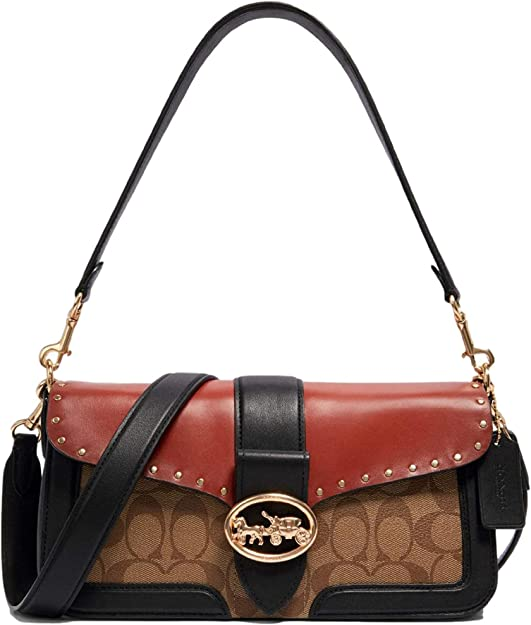 Coach Georgie shoulder Bag, Patchwork Signature Canvas Rivet 5605, Khaki/gray/multi-color optional, large