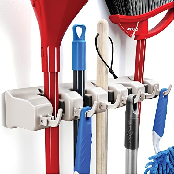 HOME IT Mop and Broom Holder – Garage Storage System with 5 Slots, 6 Hooks, 7 Lbs Capacity Each Slot – Garden Tool Organizer 11 Tools – For Home, Kitchen, Closet, Garage, Laundry – off-white