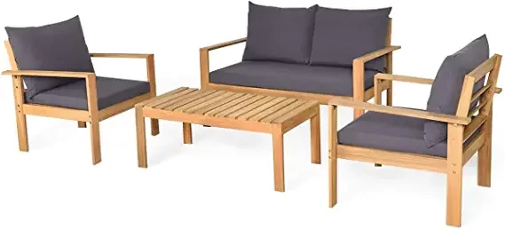 Happygrill set of furniture for terrace of 4 items, sofa for outdoor conversation, table with pillows, acacia wood chair and coffee table for garden, backyard, pool side