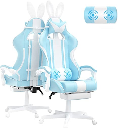Ferghana Light Blue Gaming Chair with Bunny Ears, Cute Massage Gaming Chair for Adults and Teens, Office Computer Gaming Chair with Footrest, Kawaii Girls Computer Gaming Chair, Racing Reclining Silla