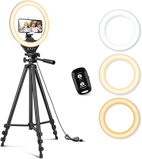 Sensyne 10" Ring Light with 50" Retractable Tripod Mount, LED Round Light with Phone Holder for Live Streaming/Makeup/YouTube Video/TikTok, Compatible with All Phones (Black)