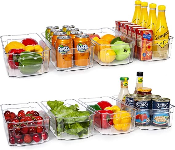 HOOJO Refrigerator Organizer – 8 Clear Plastic Trash Cans for Refrigerator, Freezer, Kitchen Cabinets, Pantry Organizer and Storage, BPA Free Refrigerator Organizer, 12.5 Inches Long