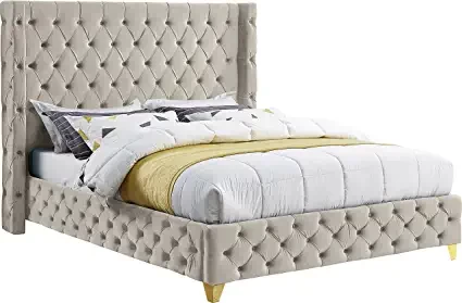 Meridian furniture savan collection bed with velvet upholstery and finishing in gold or chromium with deep buttons, queen-size bed, cream