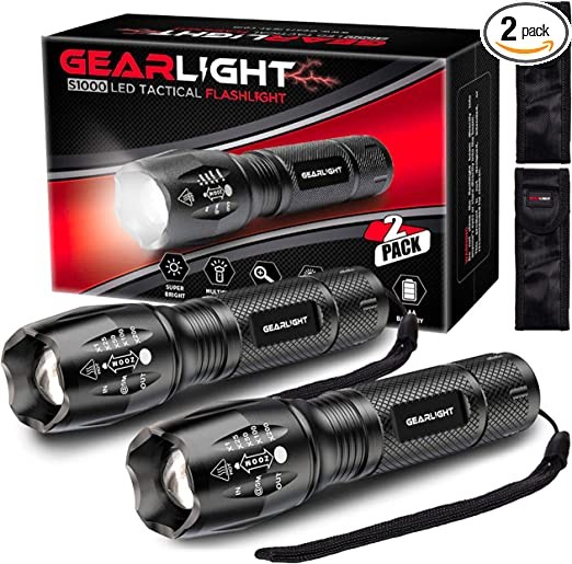 GearLight LED Flashlight 2-Pack Bright, Scalable High Lumen Tactical Flashlight with 5 Modes for Emergency and Outdoor Use, Camping Accessories - S1000
