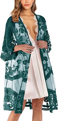 Romanstii women's lace cardigan floral crochet transparent beach blouse long kimono