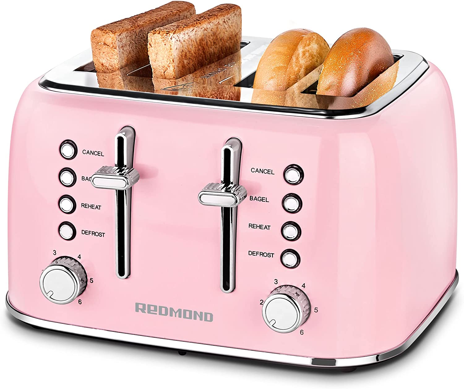 Redmond toaster 4 PCS.  Stainless steel vintage toaster with very wide slot for bagels defrost function and heating double independent control panels removable tray for crumbs 6 Settings
