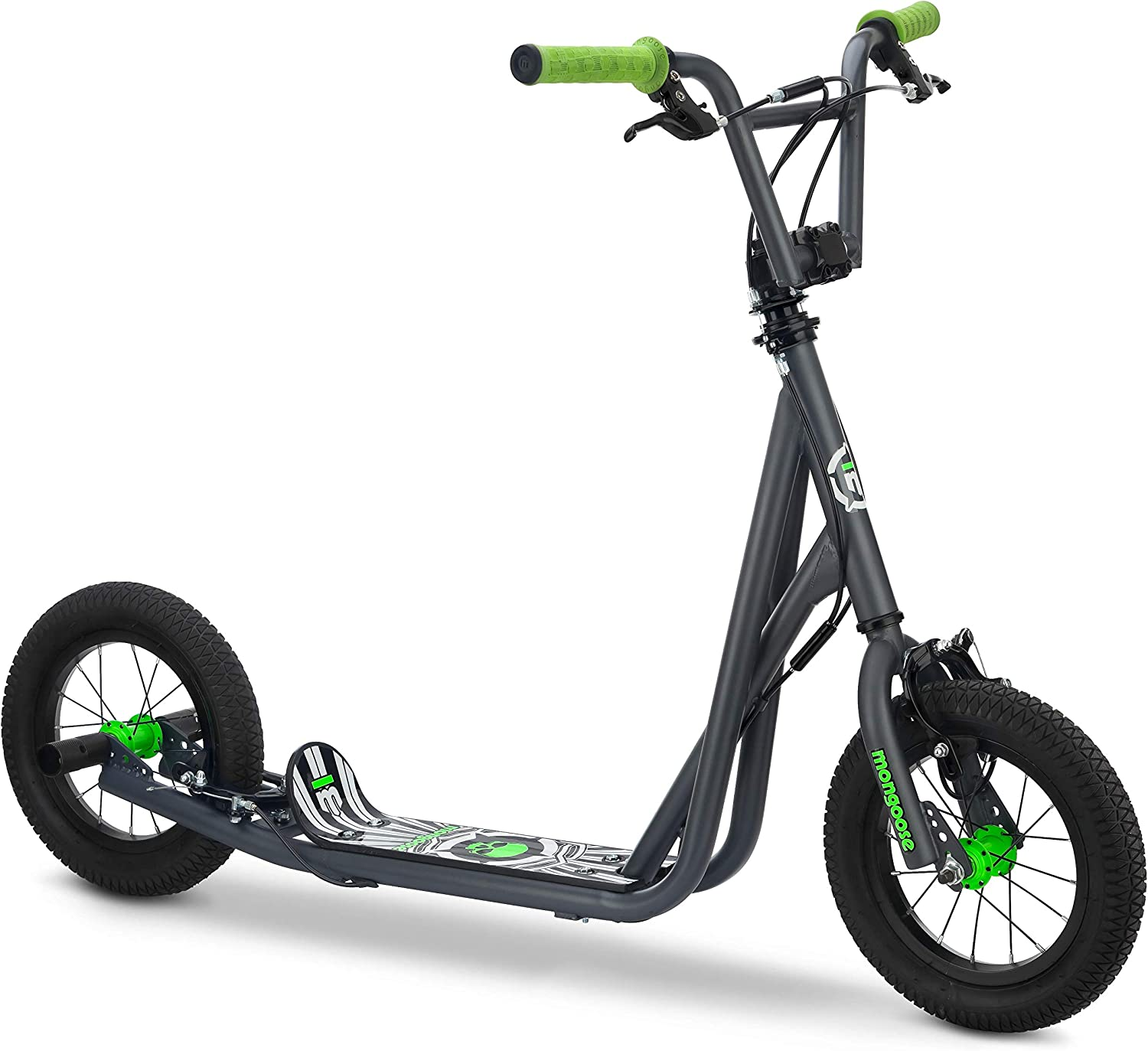 Mongoose expo youth scooter, front and rear supportbrakes, rear axle spikes, 12-inch pneumatic wheels, no electricity.