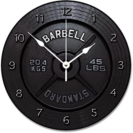 Barbell Design Black Rustic Wooden Clock Vintage Decor Round Wall Clock Gym Sport Silent Non-Ticking Battery Operated Clock for Kitchen Home Bedroom Living Room Office School Gift