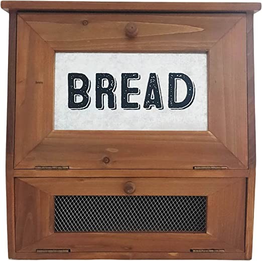 COLLECTIVE HOME - Solid Wood Bread Box for Kitchen, Rustic Double Layer Bread Storage, Large Capacity Food Storage Bin, Bread Holder for Countertop, 15.75" x 9.5" x 15.75"
