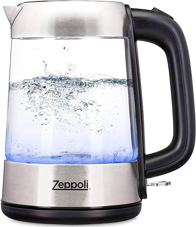 Zeppoli Electric Kettle - Glass Tea Kettle (1.7L) Fast Boiling and Cordless, Stainless Steel Finish Hot Water Kettle - Hot Water Dispenser - Glass Tea Kettle, Tea Pot Water Heater (Model C)