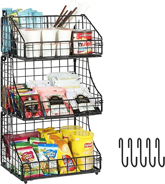 Stackable Tea Bag Organizer with Removable Divider and Hooks Wall Mount 3 Tier Metal Wire Storage Basket Countertop Coffee Condiment Snack Holder Rack for Home Office Kitchen Cabinet Pantry Black