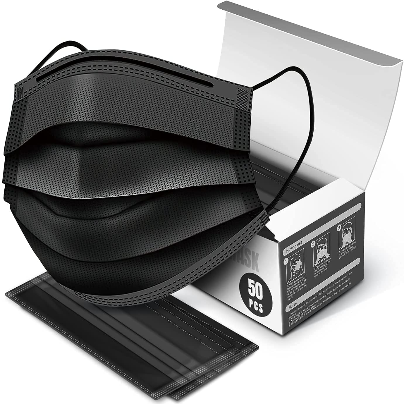 50 PCS. Black mask - ventilation with high filtration, 4 layers (1 blowout melt and 3 non-woven materials), hygienic protection, white soft inner part, comfortable earrings and nose