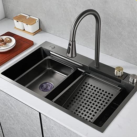 Lefton Kitchen Sink Set with Rain Tap and Pull-out Faucet and Drain Basket and Cutting Board KS2203