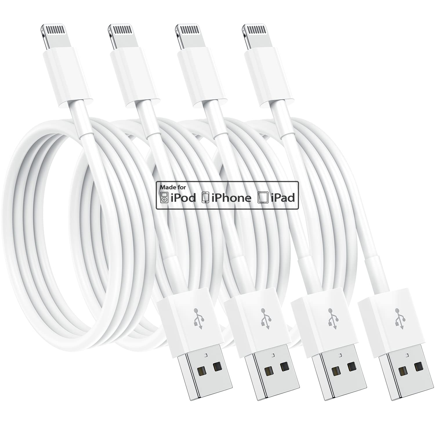 4 packages [apple mfi certified] cable to charge apple, 6 feet, lightning cable to charge iphone, cable to charge iphone 12/11/11pro / 11max/x/ xs/xr/xs Max/8/7, ipad (white)