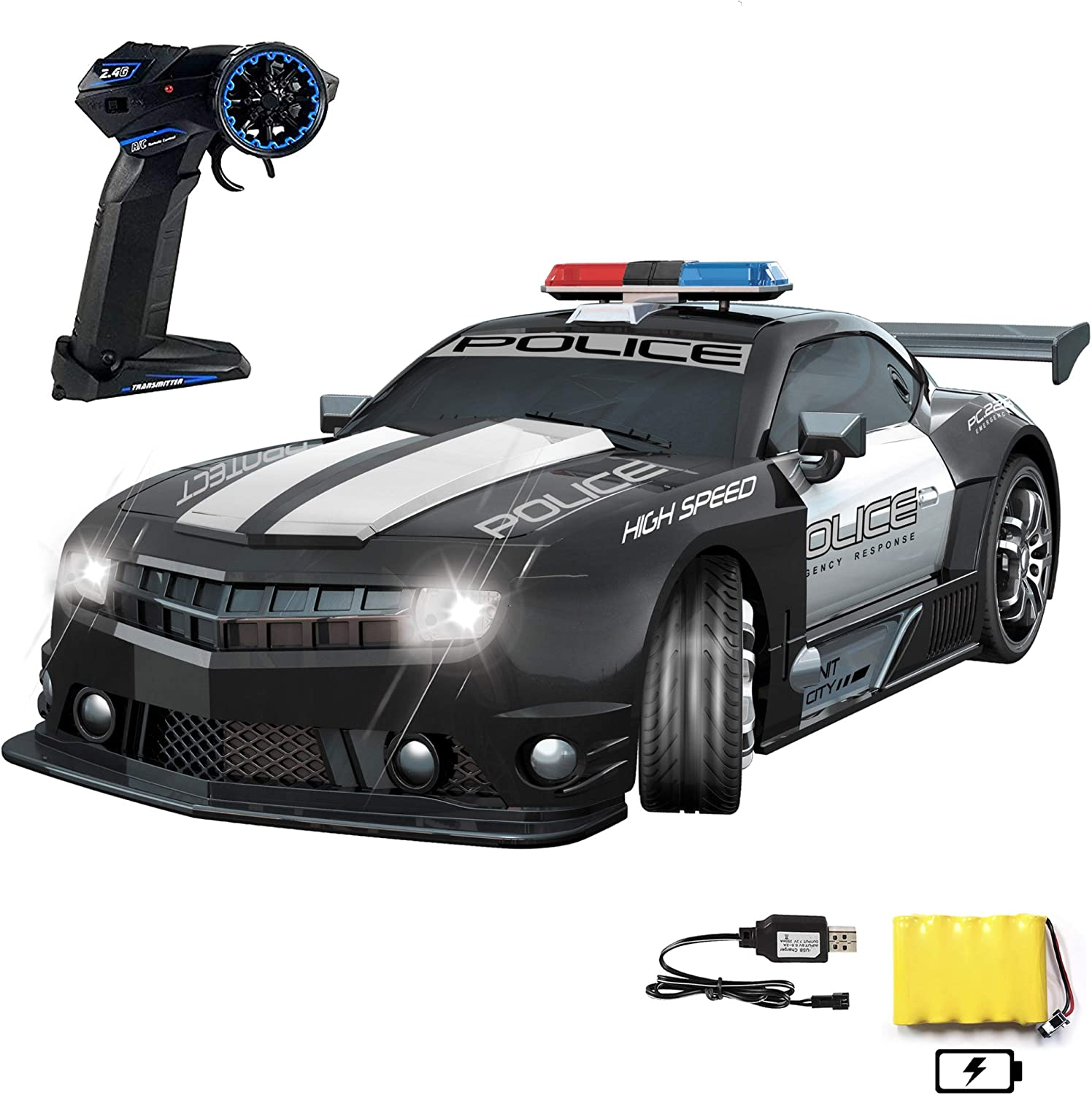 Haktoys 2.4 GHZ super fast police sports racing car with 1:12 scale, stunning appearance and led lights, police car with radio