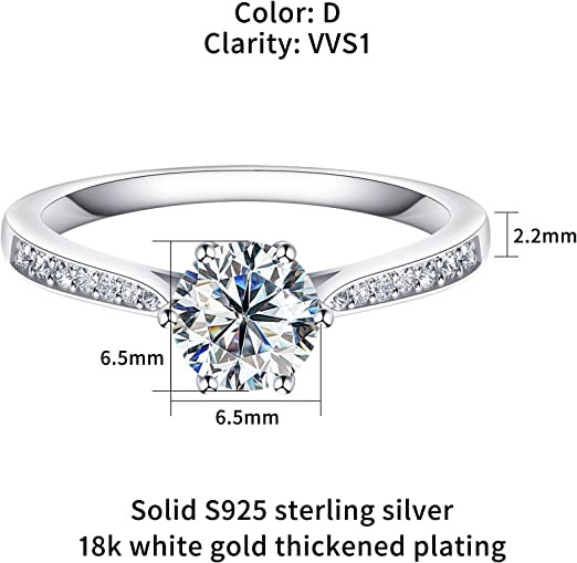 SAMIOVJ 1/1.5/2CT Moissanite Engagement Rings for Women - D Color VVS1 Clarity Round Cut Solitaire Lab Created Diamond Moissanite Ring, 925 Sterling Silver with 18K White Gold Plated, Promise Wedding