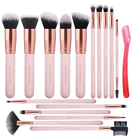 Real Perfection Makeup Brushes 16 Count Makeup Brush Set with 1 Eyebrow Razor Advanced Synthetic Foundation Brush Blending Face Powder Eyeshadow Concealer Makeup Brush Tool Set