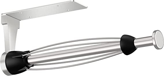 VEHHE Under Cabinet Paper Towel Holder, One Hand Operable Paper Towel Holder Wall Mount with Damping Effect, Self-Adhesive or Drilled for Kitchen, Bathroom. (Silver)