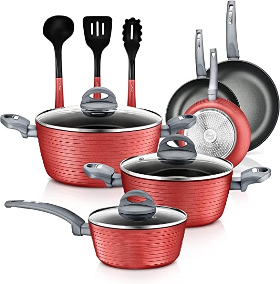 12 Piece Nonstick Kitchen Cookware Set - PTFE/PFOA/PFOS/PFOA Free Heat Resistant Paint Kitchen Utensils Pot Set Dark Gray/Red - Saucepans, Pans, Cooking Pots, Lids, Utensils - NutriChef NCCW12RED