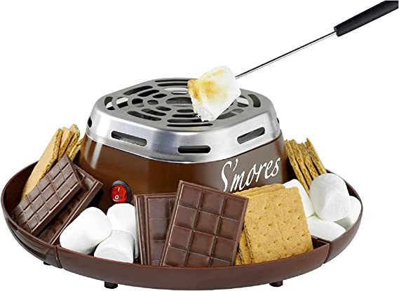 Nostalgic Indoor Electric S'mores Maker - Smores Kit - 4 Compartment Tray - Movie Night Items - Balcony Decor - Brown