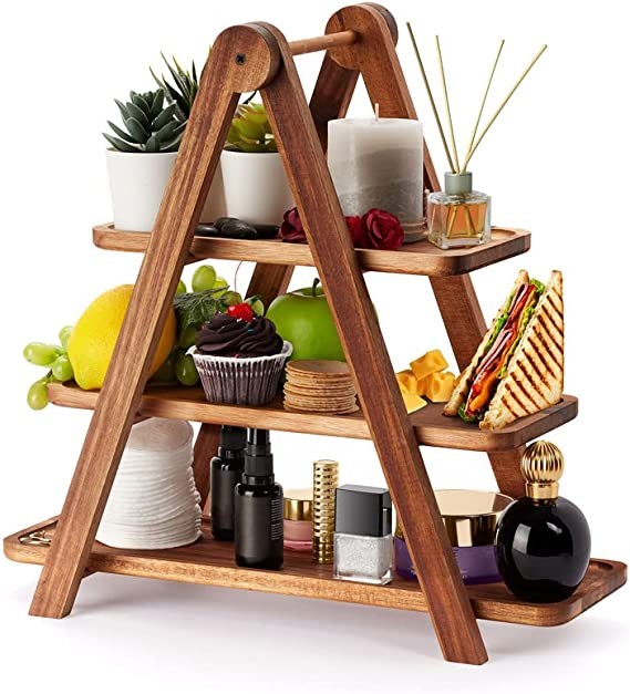 3 tier shelf serving tray-wooden platter,three tiered plant cupcake,dessert table display set,beautiful acacia wood charcuterie cheeseboard,home entertaining,bathroom décor,party veggi shrimp cocktail