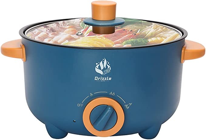 VIDEO Drizzle Electric Grill Hot Pot Cooker Multifunction Frying Pan 110V Double Non-Stick Skillet 3L Stir-fried Stewed Cookware Steamer Steak Home Office Party Kitchen (Blue)
