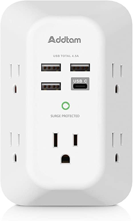 USB Wall Charger Surge Protector 5 Outlet Extender with 4 USB Charging Ports (1 USB C Outlet) 3 Sides 1800J Power Strip Multi-Plug Wall Adapter Spacer for Home Travel Office ETL Approved