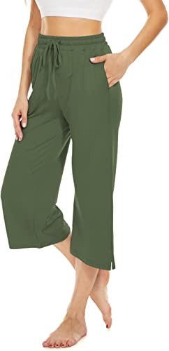 BATHRINS Women's Cropped Pants Wide Leg Drawstring Sweatpants Loose Comfortable Casual Pajamas Cropped Pockets Black/White Medium Size