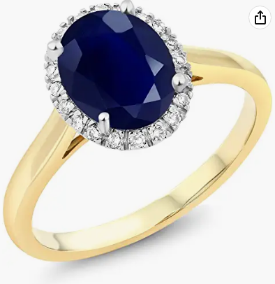 Women's engagement ring with the precious jewel king oval blue sapphire and diamond halo of 10 carat double color gold (2.50 carat, oval 9x7 mm, available in 5, 6, 7, 8, 9)