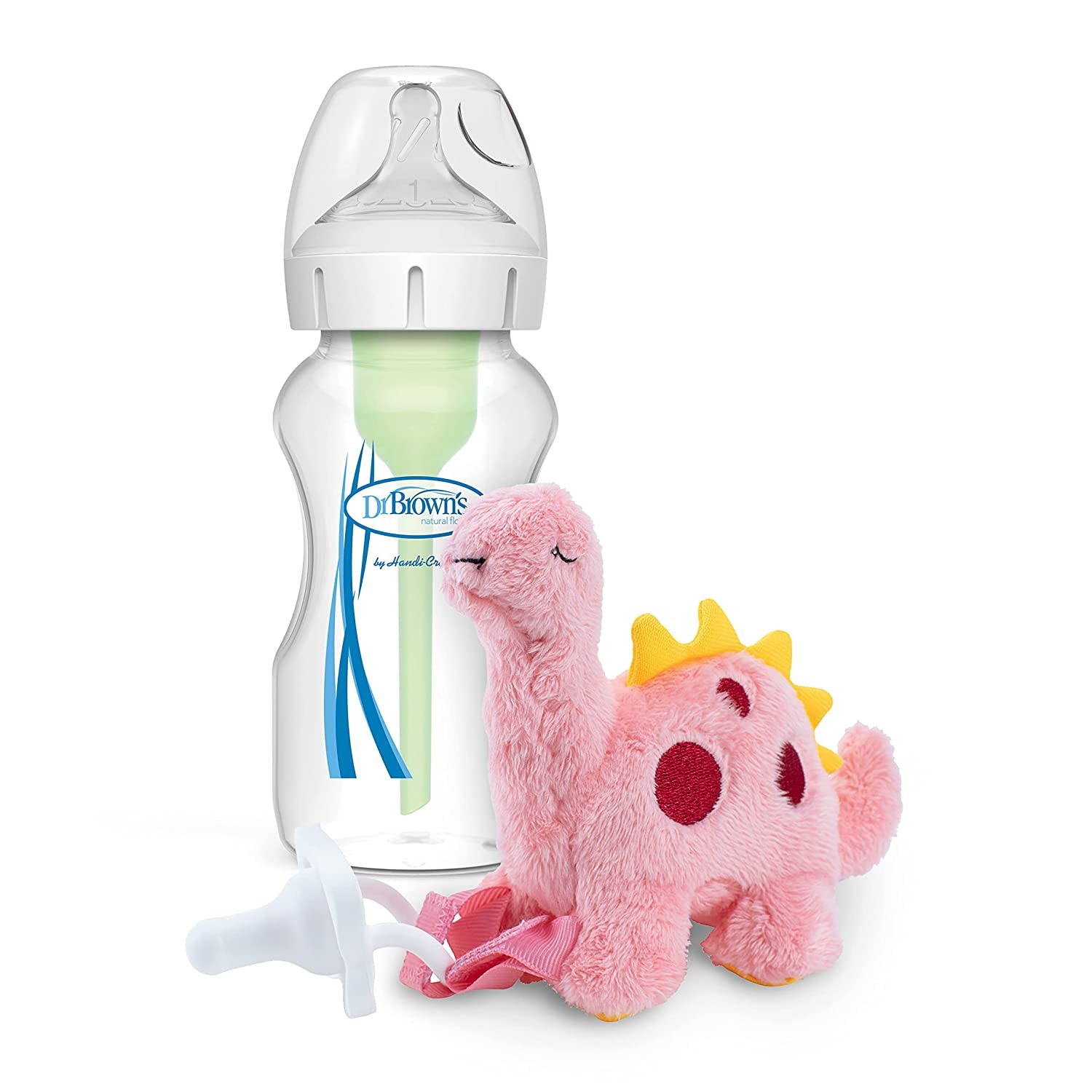 Dr. Brown’s Natural Flow® Anti-Colic Options+™ Wide-Neck Baby Bottle, 9 oz/270 mL, Level 1 Nipple, 1-Pack, 0m+ with Lovey Pacifier Holder with Silicone HappyPaci, Dinosaur, 0-12m