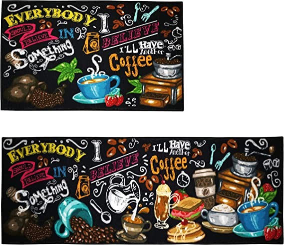 UpNUpCo Artistic and Colorful Kitchen Rugs Kitchen Mats for Floor Non Slip Kitchen Rugs and Mats Kitchen Mat Set Farmhouse Kitchen Rugs - Barista Coffee House Chalk Art -2 Pieces - 30"x17" + 47”x17
