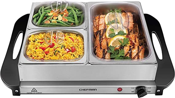Chefman Electric Buffet Server + Warming Tray with Adjustable Temperature and 3 Friction Plates, Hot Plate is Perfect for Holidays, Catering, Parties, Events and Family Dinners, 14" x 14" Surface, Sta