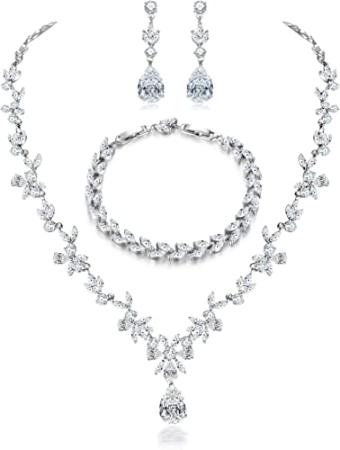 Hadskiss Women's Jewelry Set, Necklace Pendant Earrings Bracelet Set, Platinum Plated Jewelry Set with White AAA Cubic Zirconia, Allergy Free Wedding Party Jewelry for Bridesmaids, Cubic Hazel, Cubic