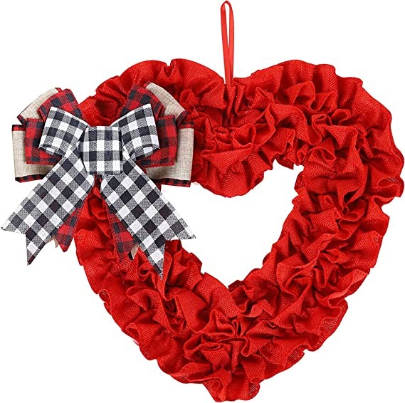 Valentines Day Wreath - 16 Inch Burlap Heart Shaped Wreath with Buffalo Plaid Bows for Front Door Farmhouse Valentine's Day Decorations Party Supplies