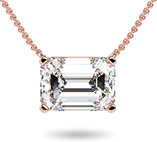 IGI Certified 14K Gold 1/3 to 1-1/2 Carat Rectangular Emerald-Cut Lab Grown Diamond Horizontal Solitaire Pendant Necklace (G-H Color, VS1-VS2 Clarity), 18" - Choice of Gold Color