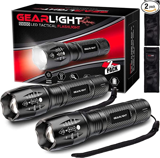 GearLight LED Flashlight Pack -2 Bright, Zoomable Tactical Flashlights with High Lumens and 5 Modes for Emergency and Outdoor Use -Camping Accessories -S1000