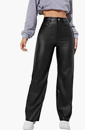 Women's straight wide jeans with high waistline and makemechic pockets, leather trousers