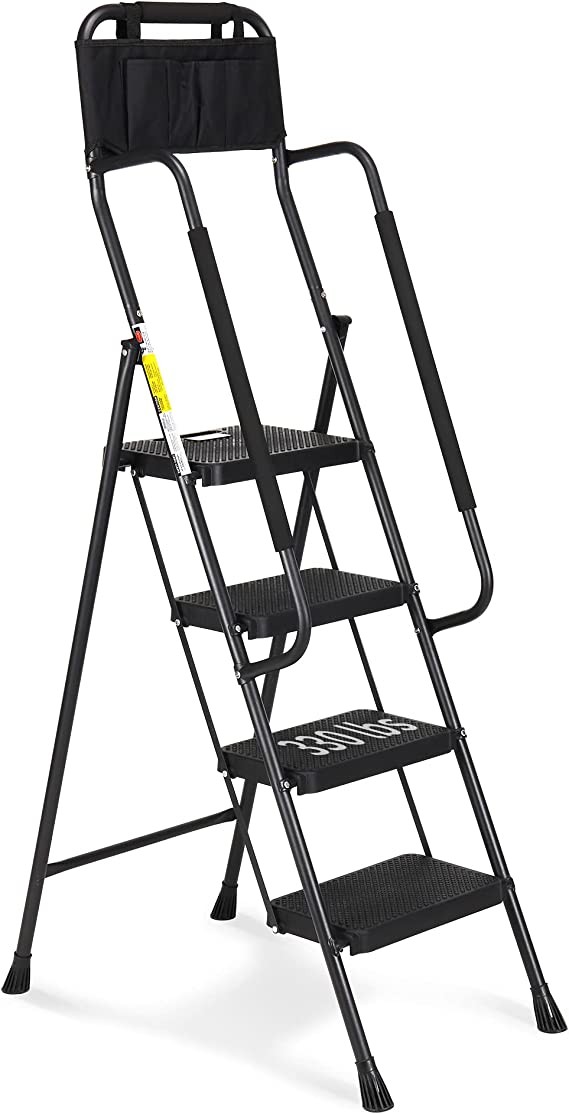 HBTower 4 Step Ladder with Handrails, 330 lbs Folding Step Stool with Attachable Tool Bag & Anti-Slip Wide Pedal for Home Kitchen Pantry Office (4-Step)