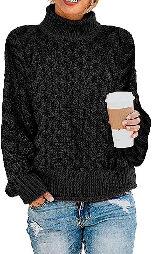Langwyqu women's turtleneck solid color with a long sleeve hoodie massive knitting sweater
