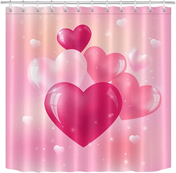 LB Valentine's Day Shower Curtain Set Bright Glass Heart Pink Bathroom Curtains with Hooks 182 x 182 Inches Waterproof Polyester Fabric Bathroom Decor