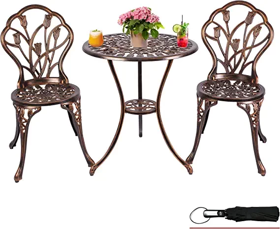 Table set for bistro LZRS, set of 3 items, set for bistro on the outdoor terrace, table and chair furniture with pink design and umbrella holes, durable and resistant to lito rust