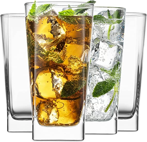 Highball Glasses 16 oz. Set of 4 Tall Square Glasses - Home Essentials & Beyond Premium Beverage Chiller Glassware. Suitable for bar glasses, water, juices and cocktails.