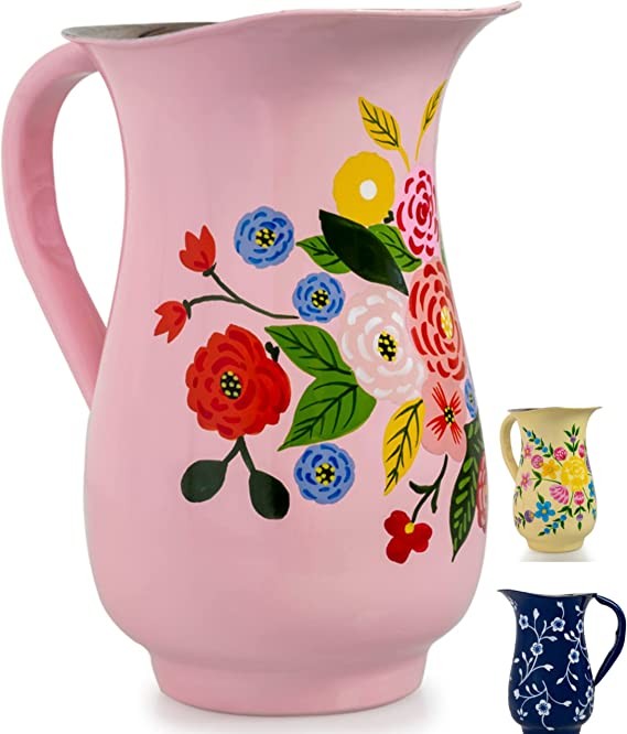 Hand Painted Stainless Steel Water Pitcher - Large Metal Water Jug, for Cold Drinks, Floral Design Beverage Carafe for Entertaining & Home Decor. 8” height, 1 Quart Decorative Vase. (Pink)
