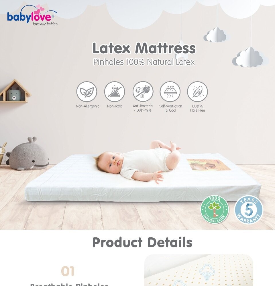 Babyove 100% Natural Latex Mattress + 5yrs Warranty (cot size)