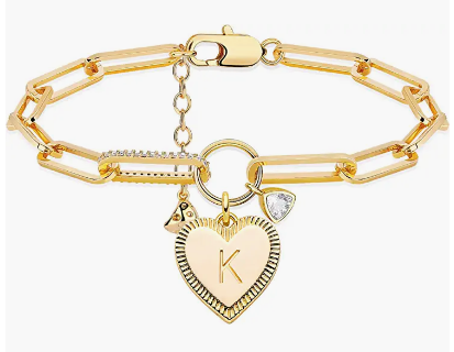 Mevecco gold bracelet with paper clip, 18 carat gilded heart, oval bracelet, delicate handmade bracelet with letter suspension, women's jewellery