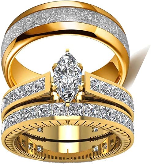 Wedding Ring Set Two Rings His Hers Couples Ring Women's 10k Yellow Gold Filled White CZ Wedding Engagement Ring Bridal Set & Men's Titanium Wedding Band, Metal Crystal Stone Metal