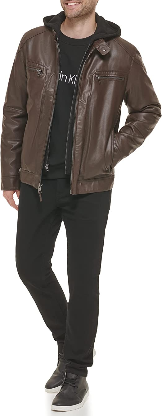 Calvin Klein Men's Faux Lamb Leather Moto Jacket with Removable Hood and Bib