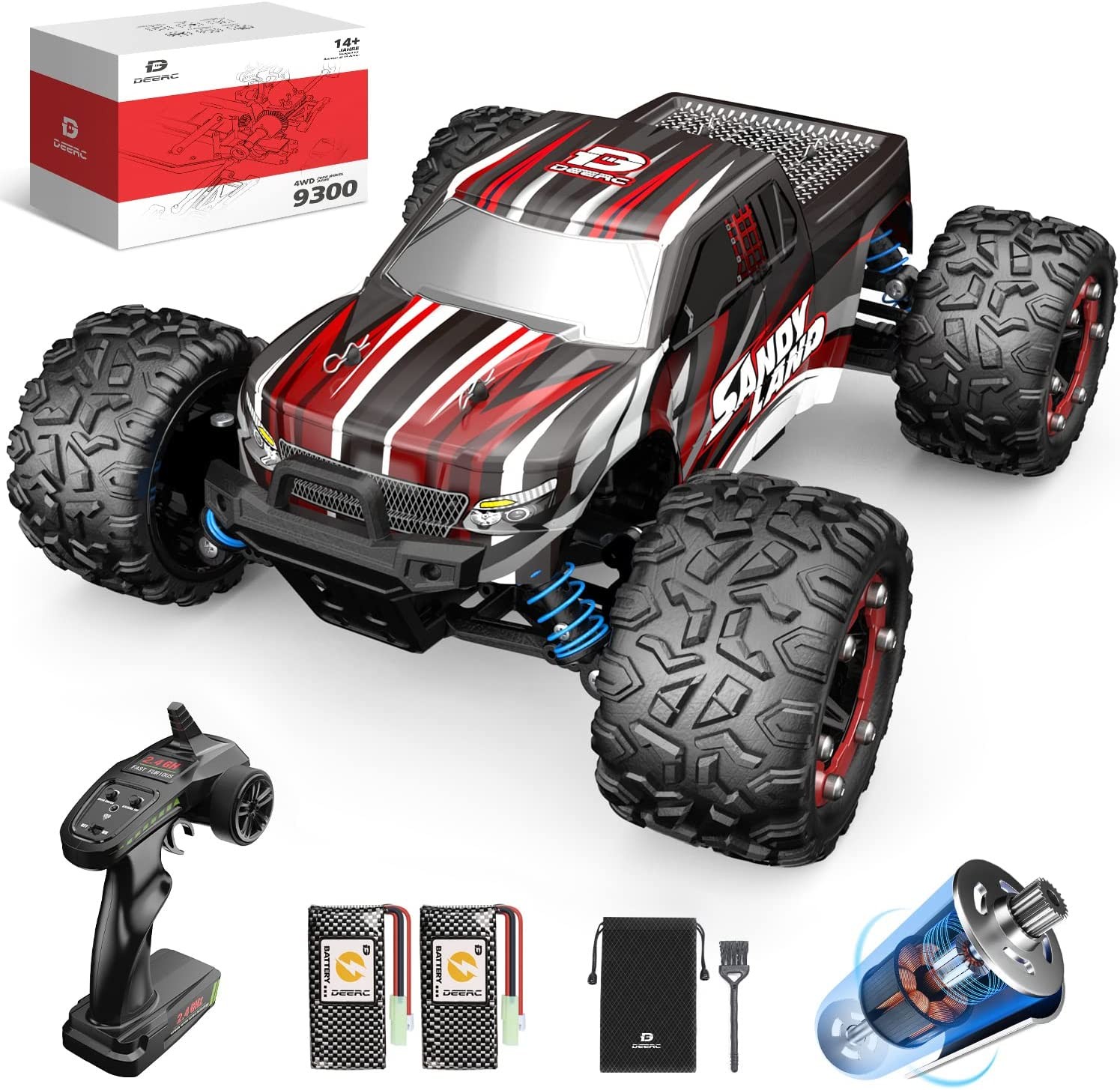 DEERC 9300 Remote Control Car High Speed RC Cars for Kids Adults 1:18 Scale 40 KM/H 4WD Off Road Monster Trucks,2.4GHz All Terrain Toy Trucks with 2 Rechargeable Battery,40+ Min Play Gift for Boy Girl